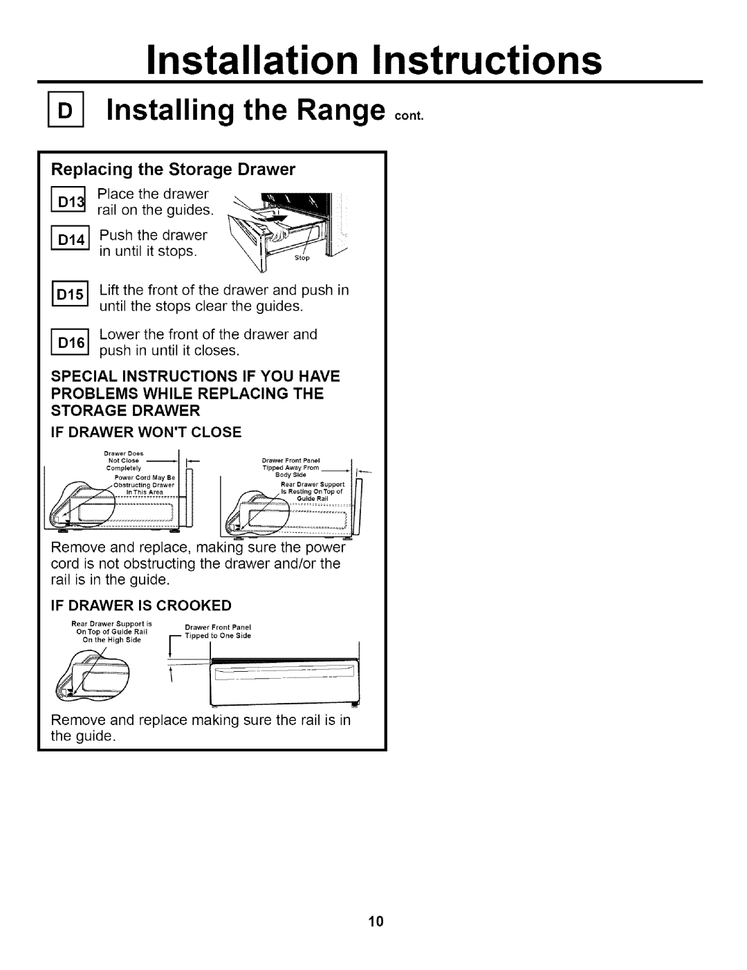 GE JBP79 installation instructions Replacing the Storage Drawer, If Drawer is Crooked 