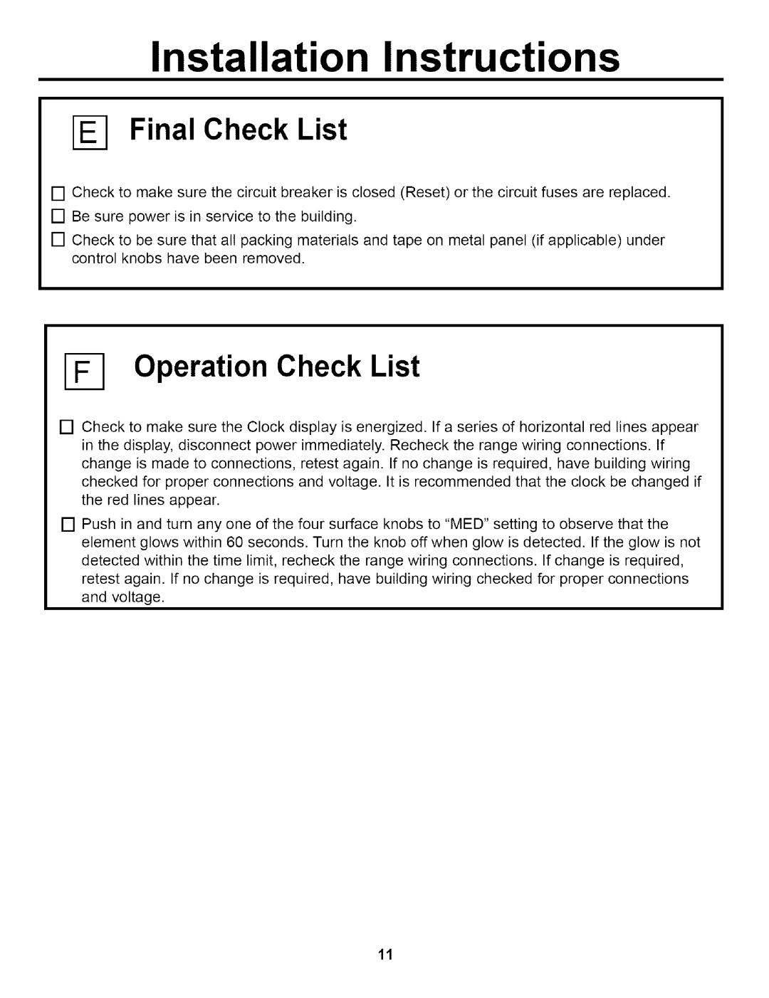 GE JBP79 installation instructions Final Check List, Operation Check List 