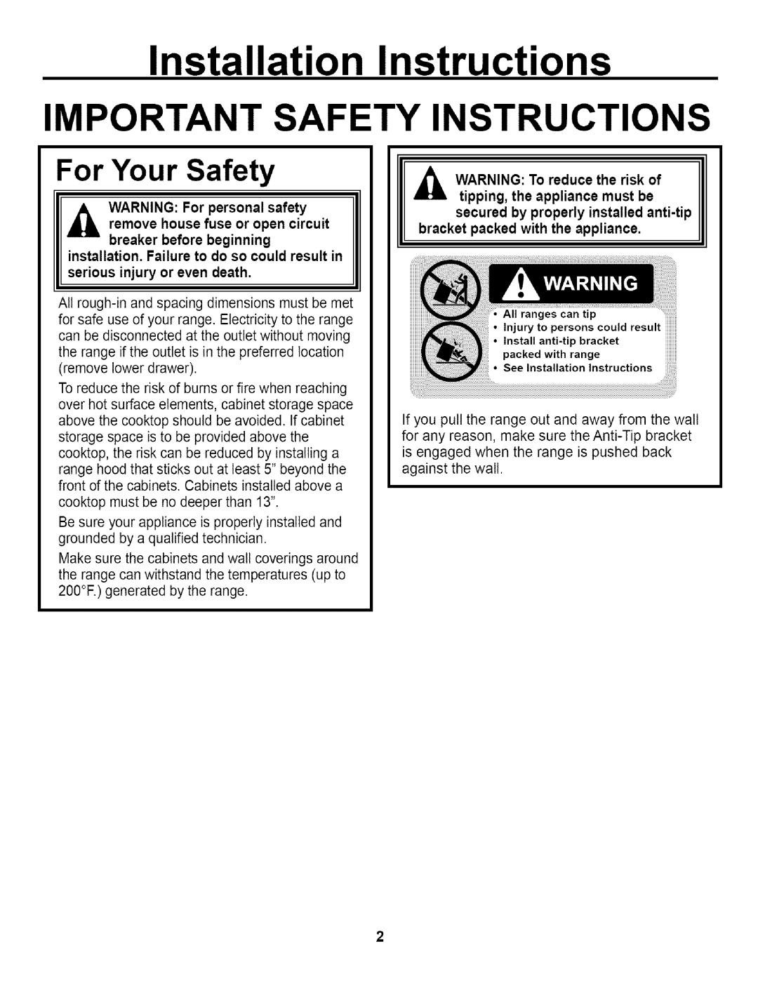 GE JBP79 installation instructions Installation Instructions, For Your Safety 