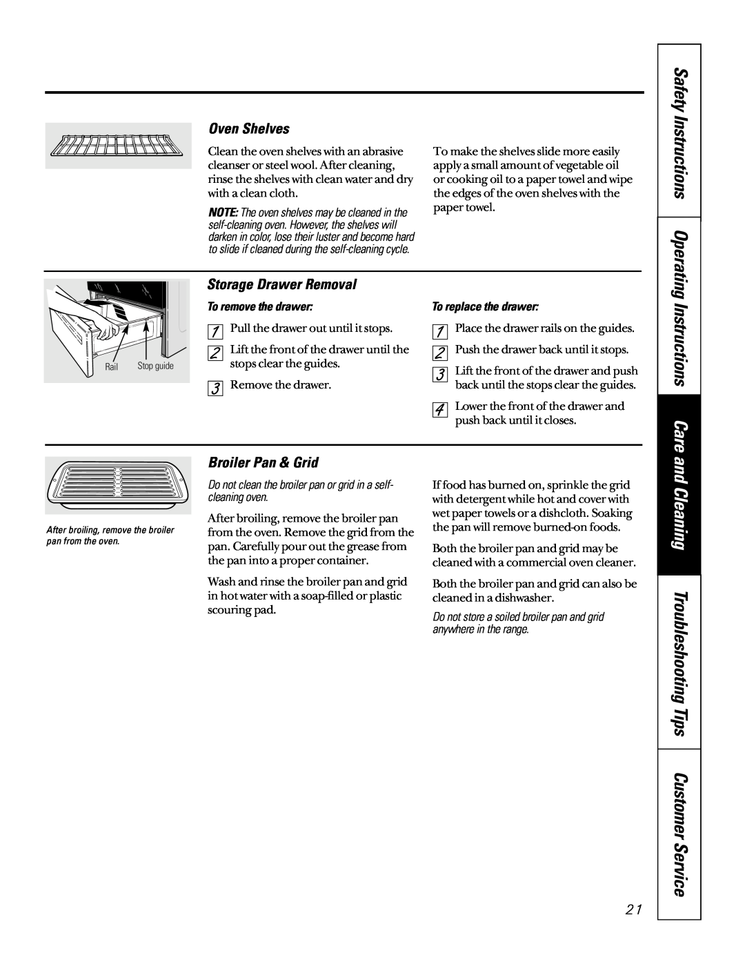 GE JBP79 owner manual Safety Instructions Operating, Oven Shelves, Storage Drawer Removal, Broiler Pan & Grid 