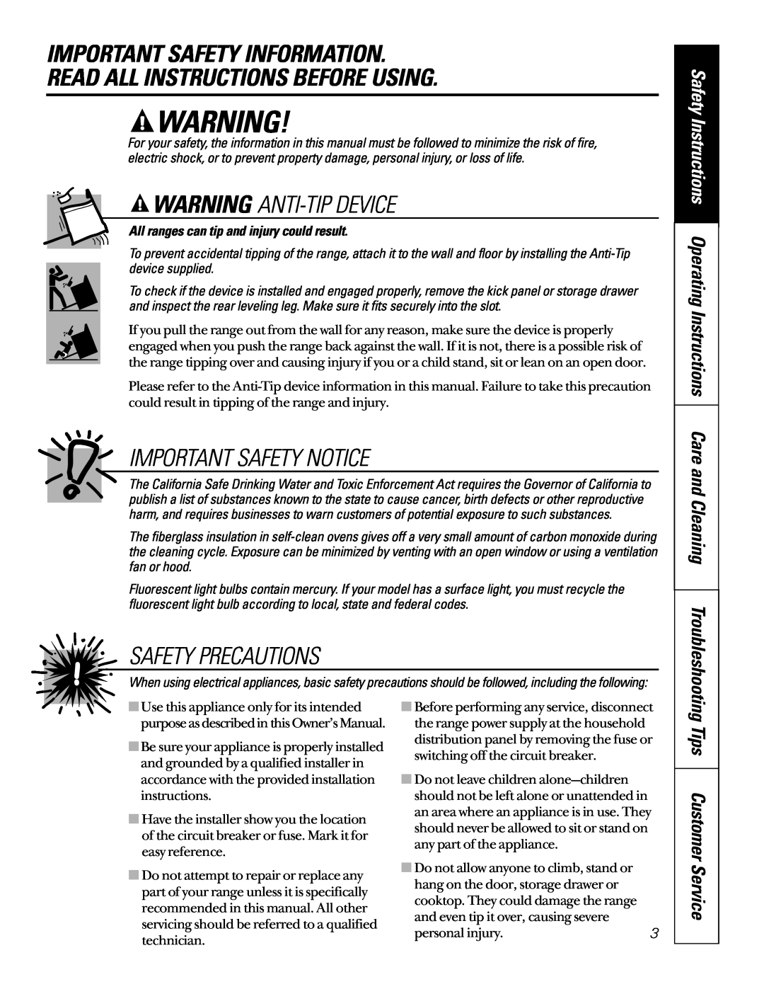 GE JBP79 Important Safety Information Read All Instructions Before Using, Warning Anti-Tip Device, Important Safety Notice 