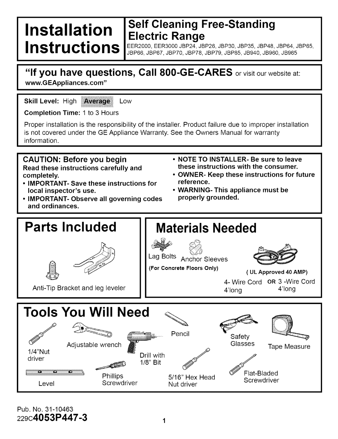 GE JBP79 installation instructions Installation Instructions, Parts Included Materials Needed, Tools You Will Need 