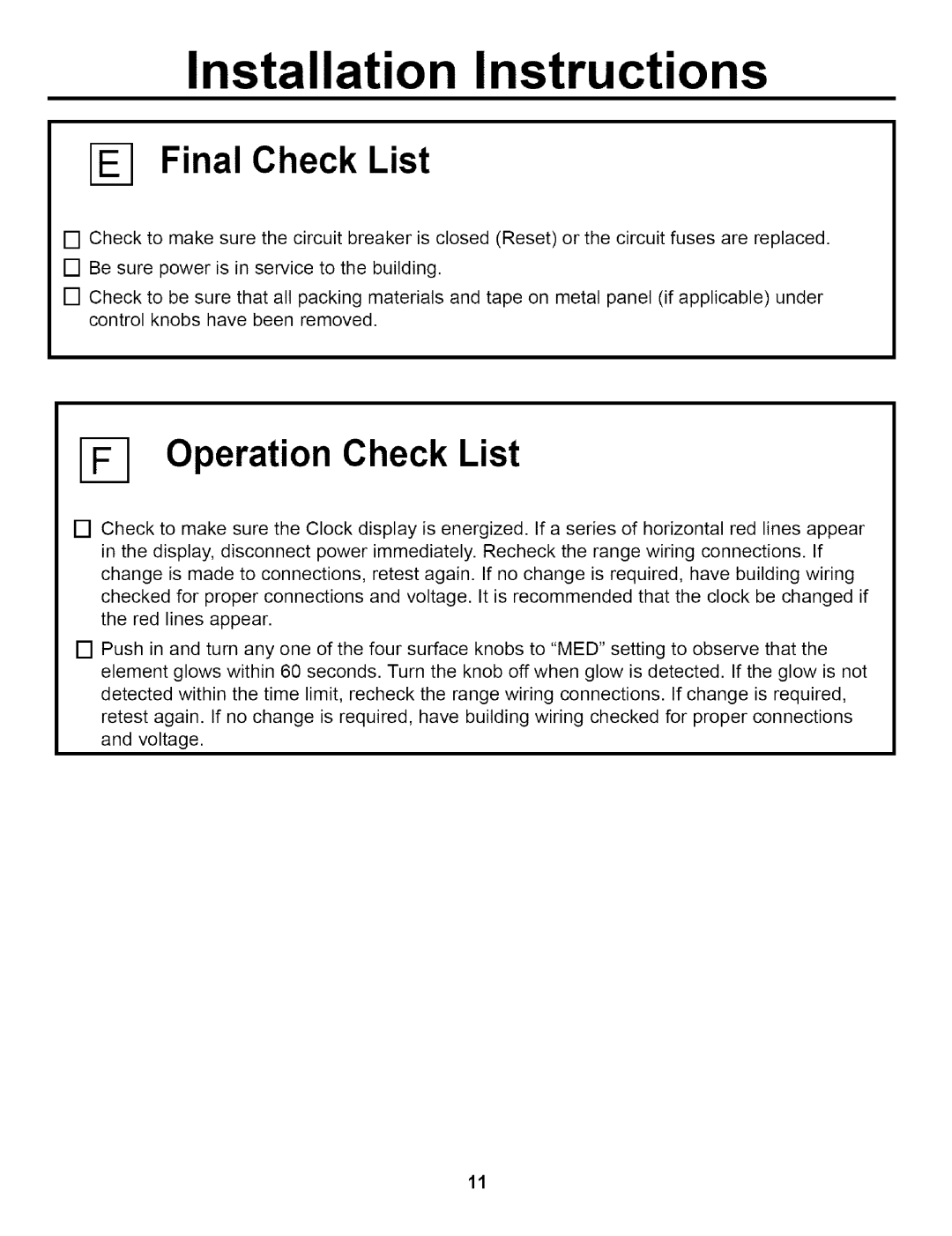GE JBP79 installation instructions Final Check List, Operation Check List, Installation Instructions 