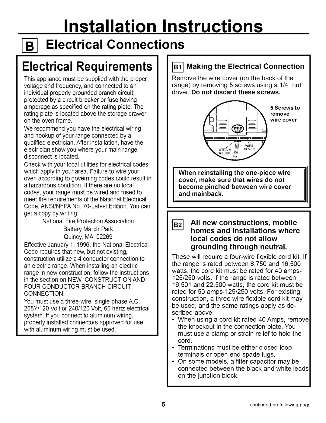 GE JBP79 Electrical Connections, Electrical Requirements, I-_Making the Electrical Connection, Installation Instructions 