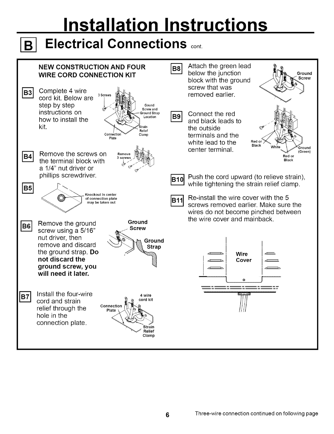 GE JBP79 Installation Instructions, Electrical Connections cont, New Construction And Four, Wire Cord Connection Kit 