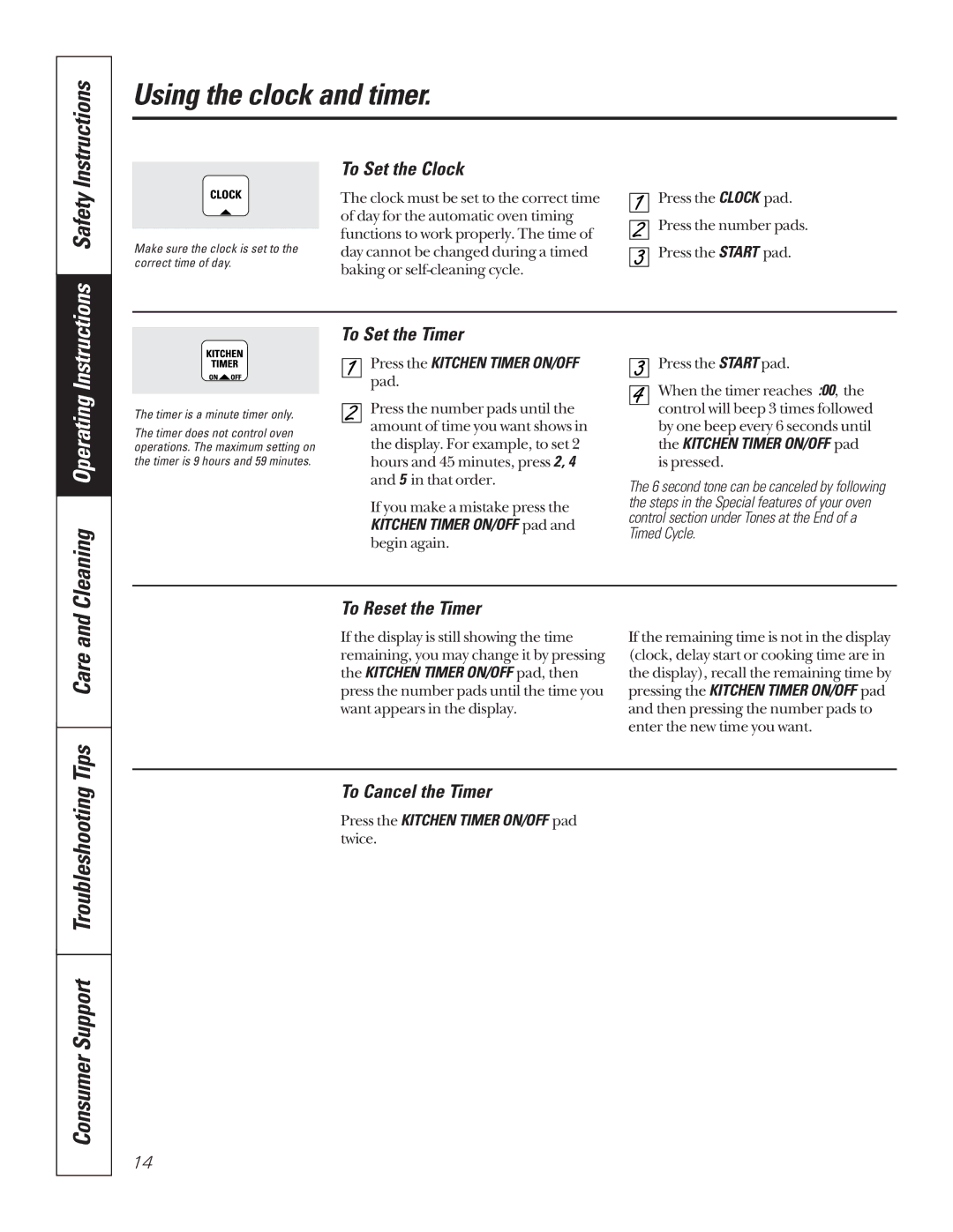 GE JBP79SDSS, JBP79CBCC, JBP79BBBB, JBP79WBWW Using the clock and timer, Consumer Support Troubleshooting Tips Care 