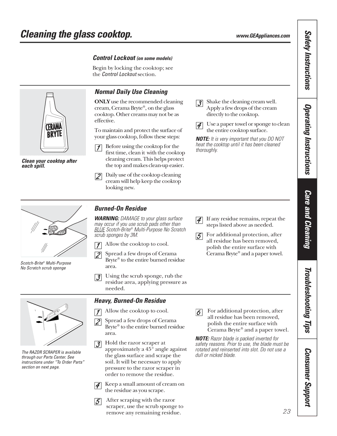 GE JBP79ABAA Cleaning the glass cooktop, Tips Consumer Support, Safety Instructions, Operating Instructions Care 