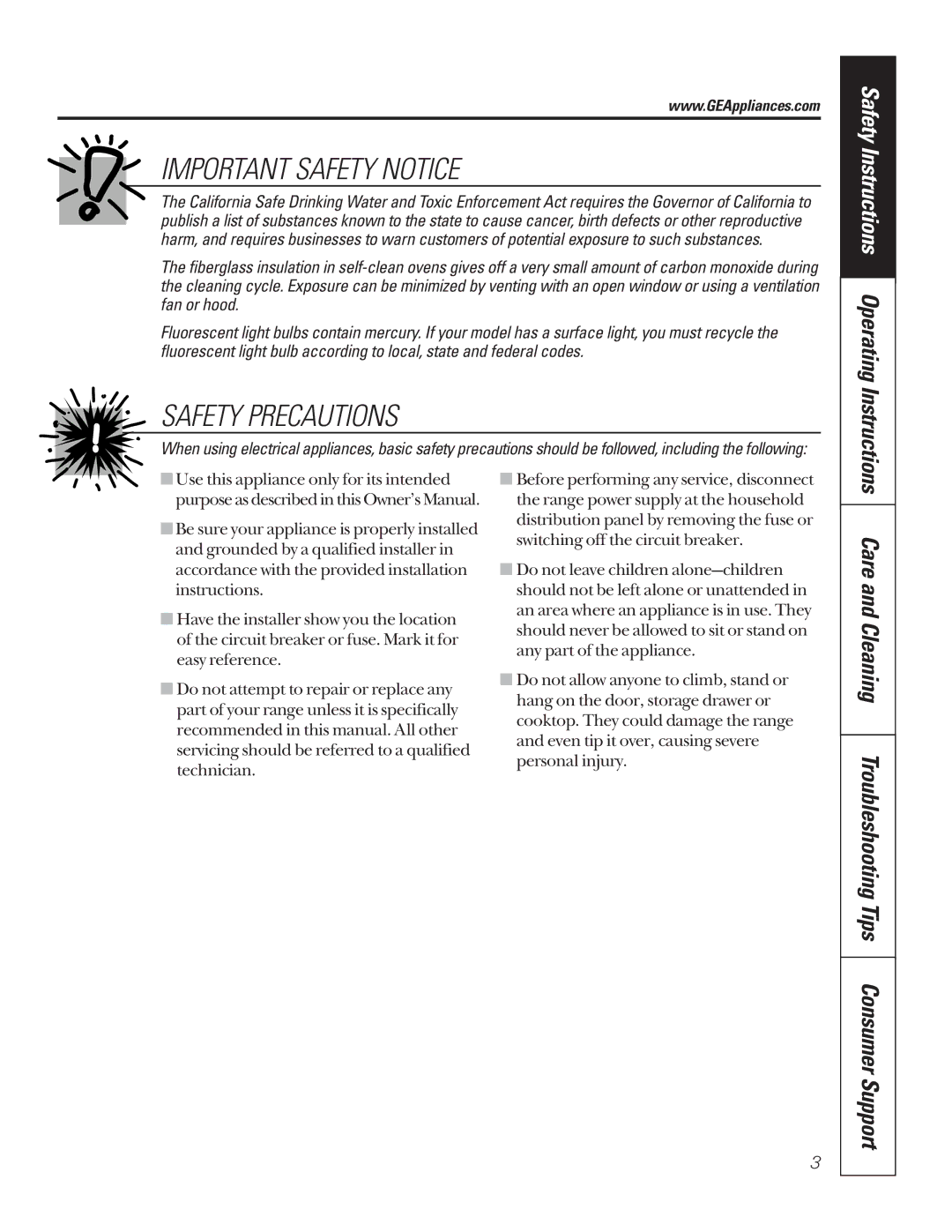 GE JBP79ABAA Care and Cleaning Troubleshooting Tips Consumer Support, Safety Instructions Operating Instructions 