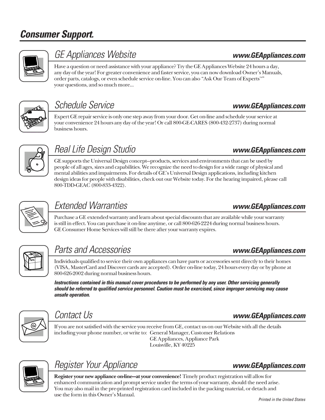 GE JBP79WBWW Consumer Support GE Appliances Website, Schedule Service, Real Life Design Studio, Extended Warranties 