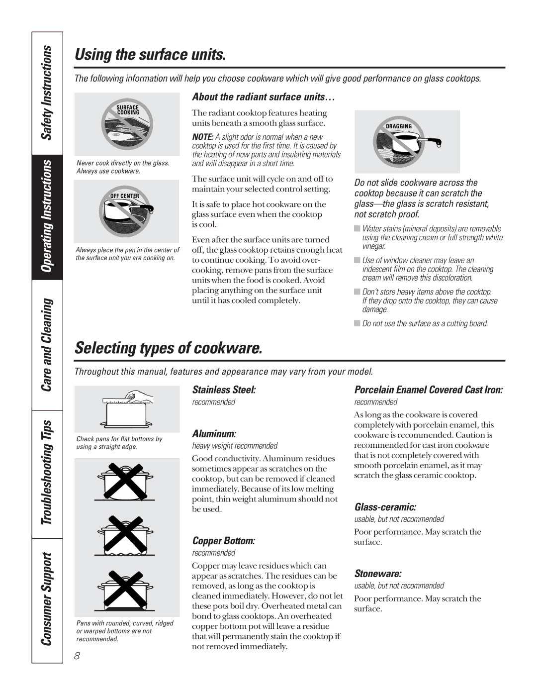 GE JBP79ABAA, JBP79CBCC, JBP79BBBB Selecting types of cookware, Instructions, Consumer Support Troubleshooting Tips 