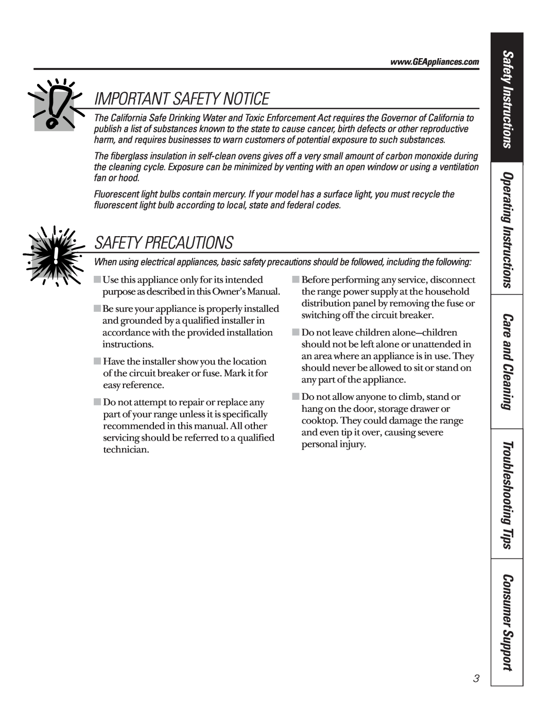 GE JBP79ABAA Important Safety Notice, Safety Precautions, Care and Cleaning Troubleshooting Tips Consumer Support 