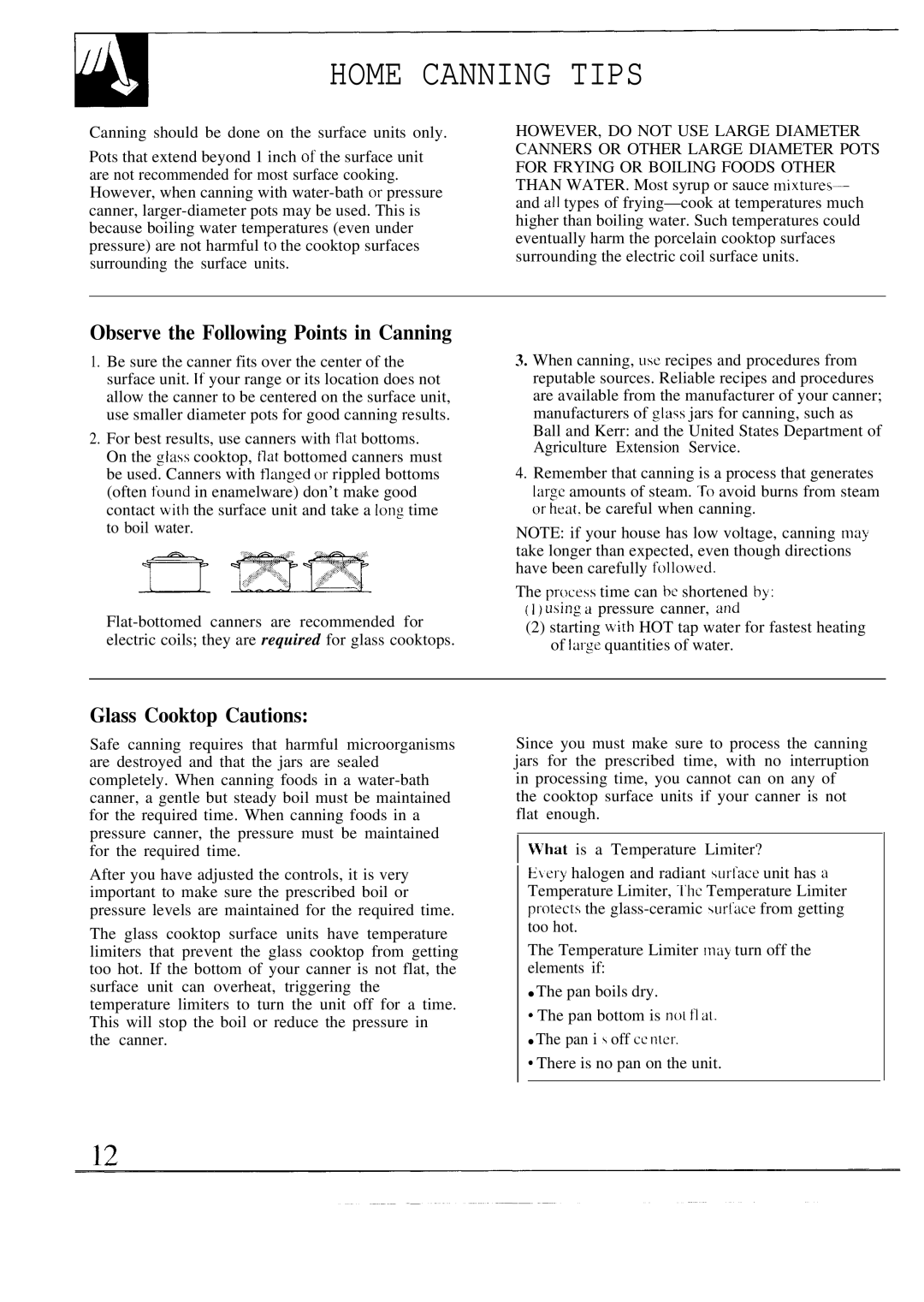 GE JBP80 warranty Home Canning Tips, Observe the Following Points in Canning, Glass Cooktop Cautions 