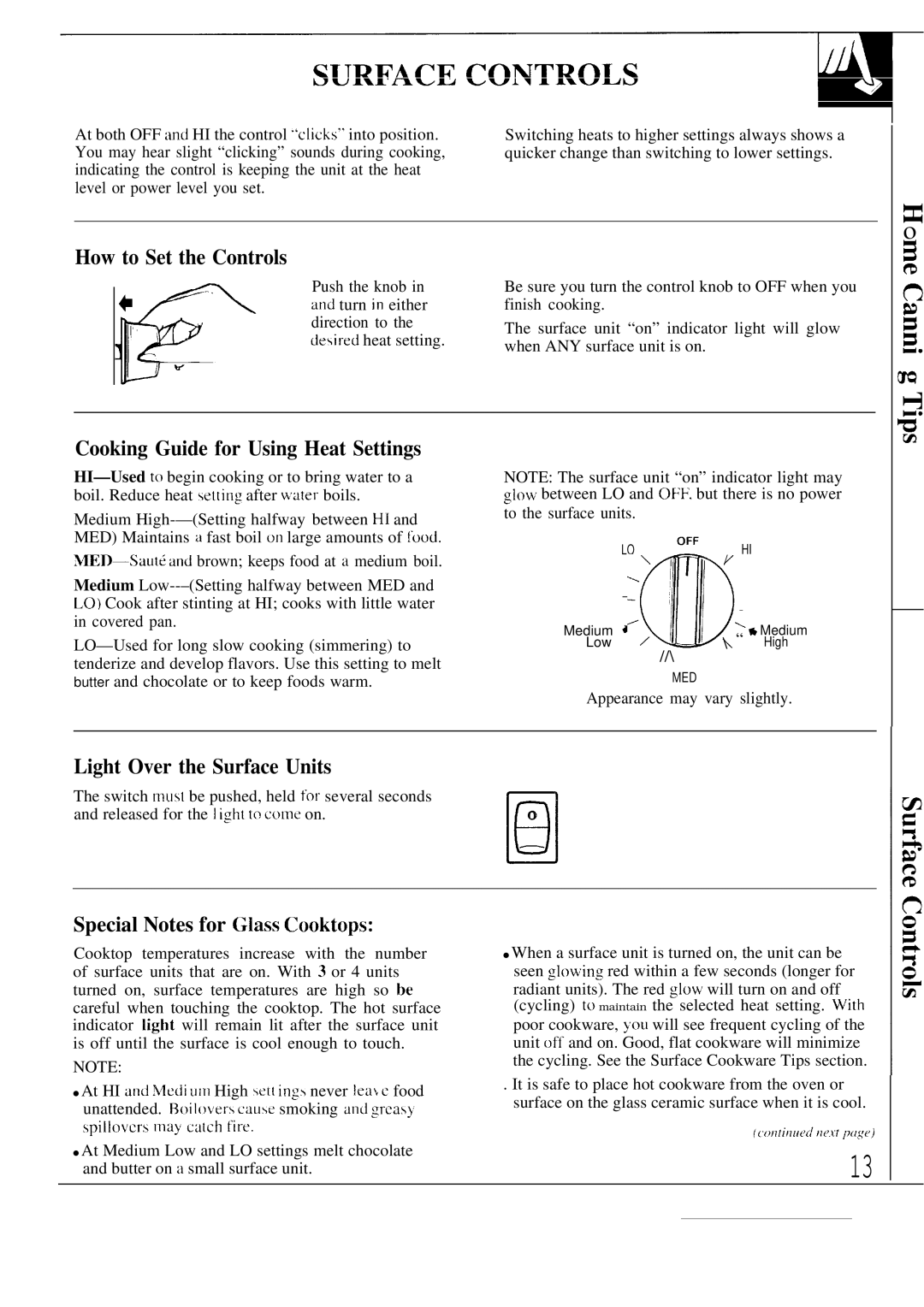 GE JBP80 warranty How to Set the Controls, Cooking Guide for Using Heat Settings, Light Over the Surface Units 