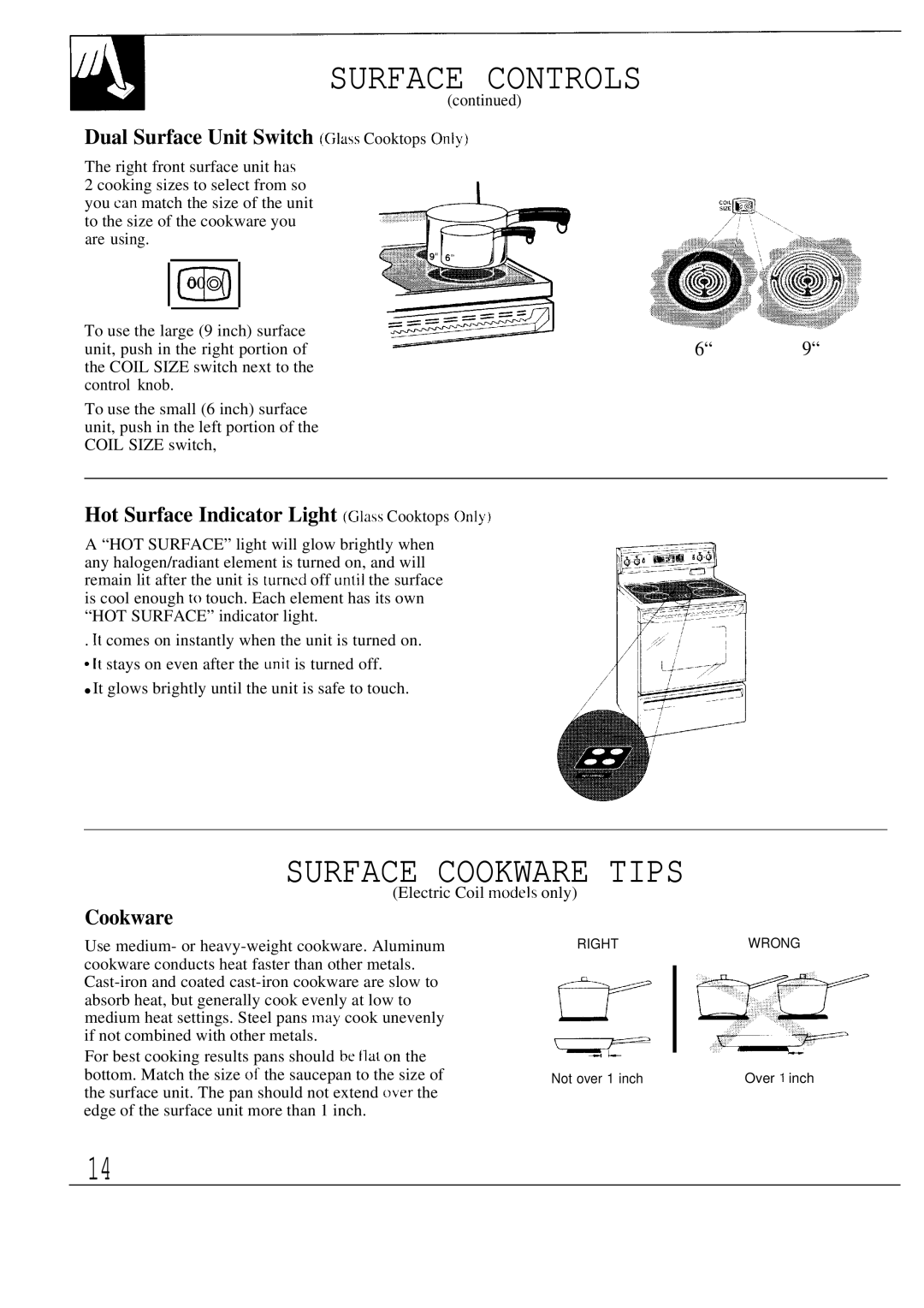 GE JBP80 warranty Surface Controls, Surface Cookware Tips, Dual Surface Unit Switch Glass Cooktops Only 