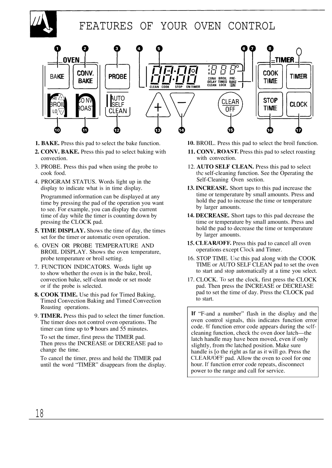 GE JBP80 warranty Features of Your Oven Control, Bake, CO NV Broil LO~ Roast, Stop Clock Time 