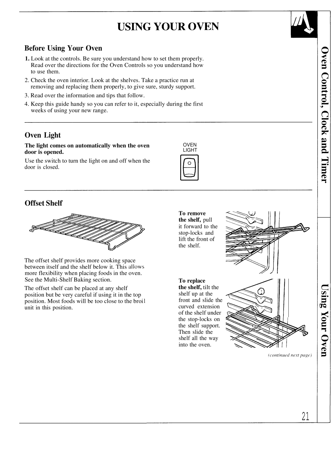 GE JBP80 Before Using Your Oven, Oven Light, Offset Shelf, Light comes on automatically when the oven door is opened 