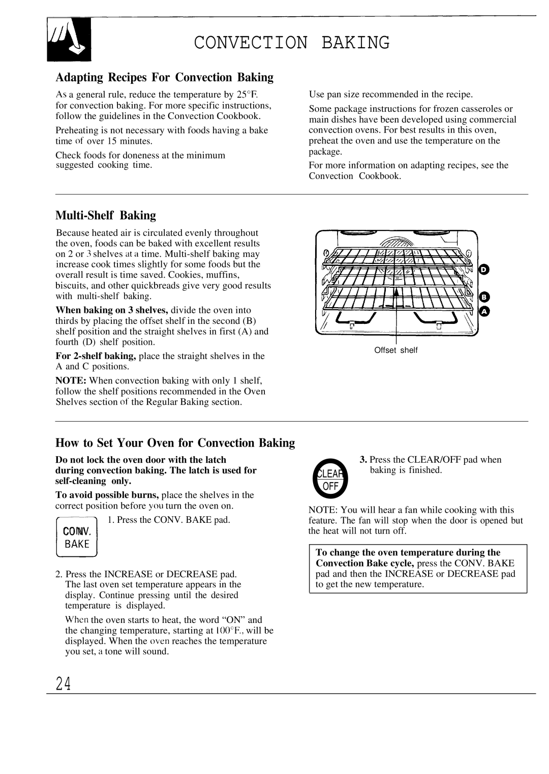 GE JBP80 warranty Adapting Recipes For Convection Baking, Multi-Shelf Baking, Clear OFF 