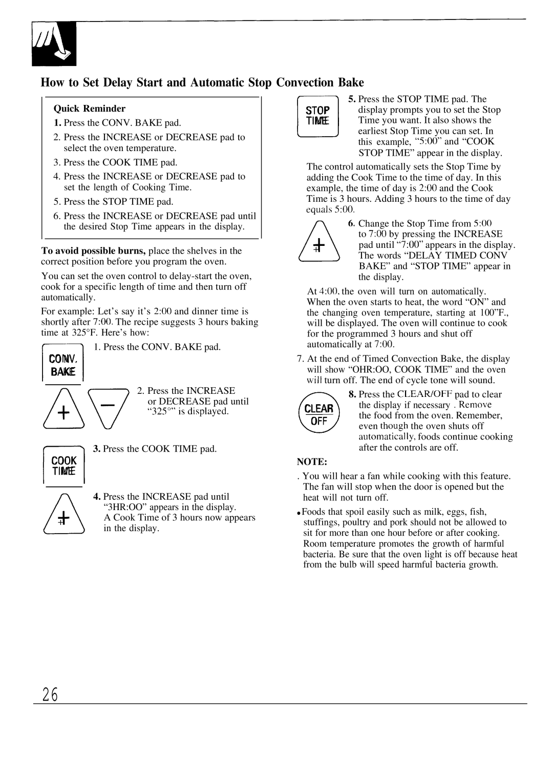 GE JBP80 warranty How to Set Delay Start and Automatic Stop Convection Bake, Co Nv, Cook Time, Clear 