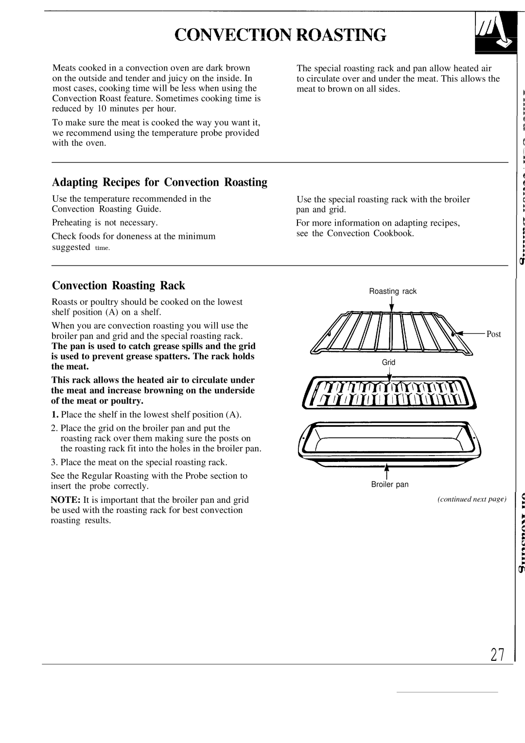 GE JBP80 warranty Adapting Recipes for Convection Roasting, Convection Roasting Rack, Post 