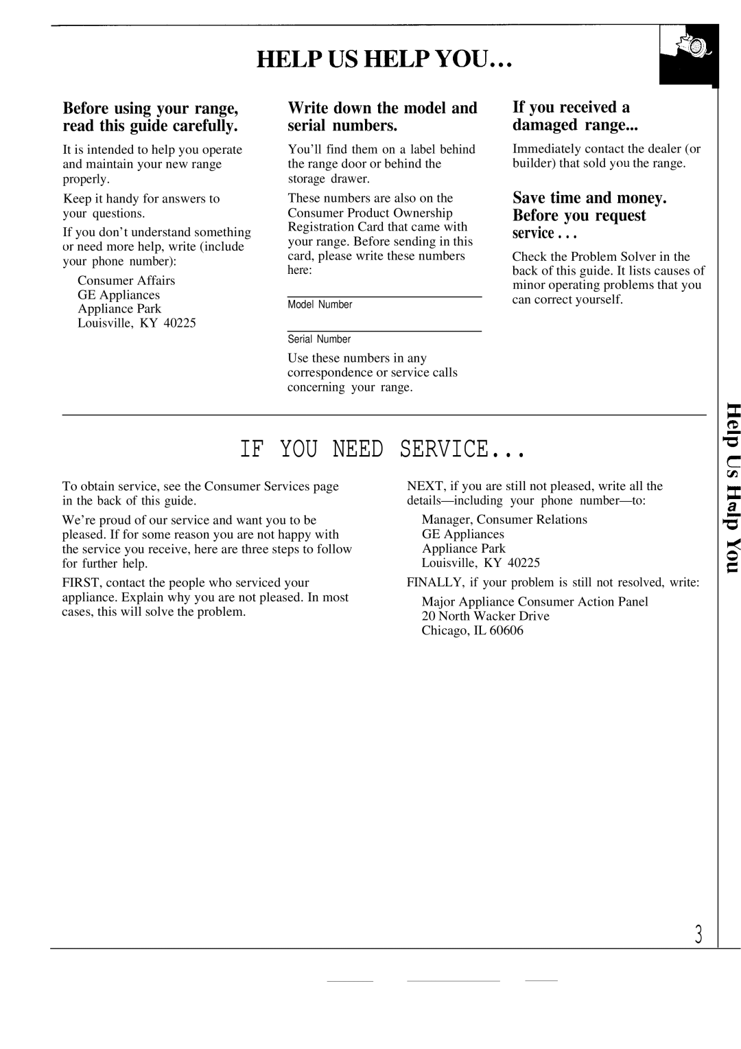 GE JBP80 warranty If YOU Need Service, Write down the model and serial numbers, If you received a Damaged range 