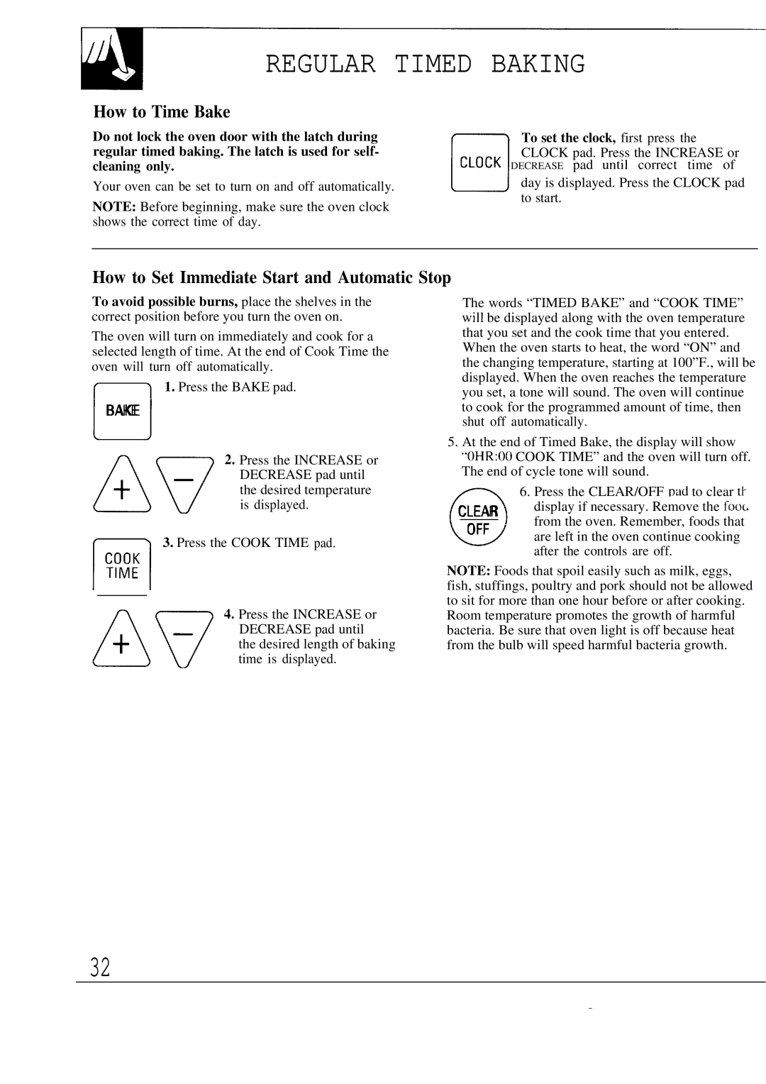 GE JBP80 warranty Regular Timed Baking, How to Time Bake, How to Set Immediate Start and Automatic Stop 