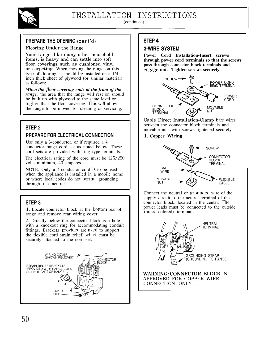 GE JBP80 warranty Installation Instructions, Range to be moved for cleaning or servicing, Copper Wiring 