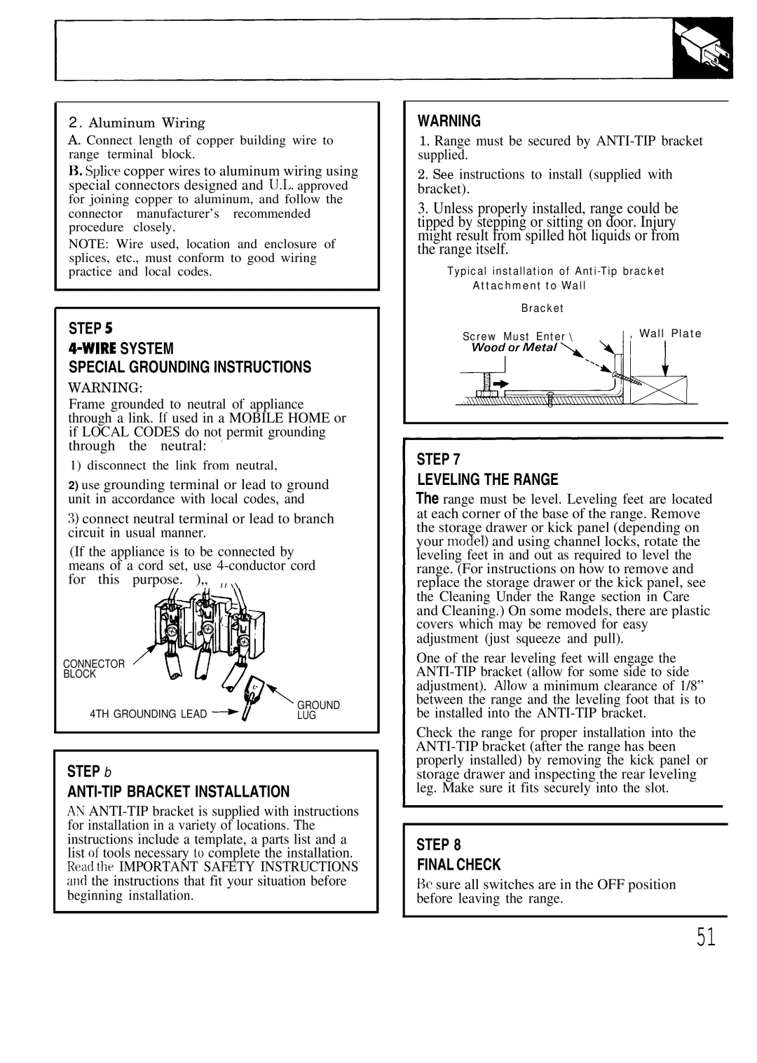 GE JBP80 warranty Step Wire System Special Grounding Instructions, Disconnect the link from neutral 