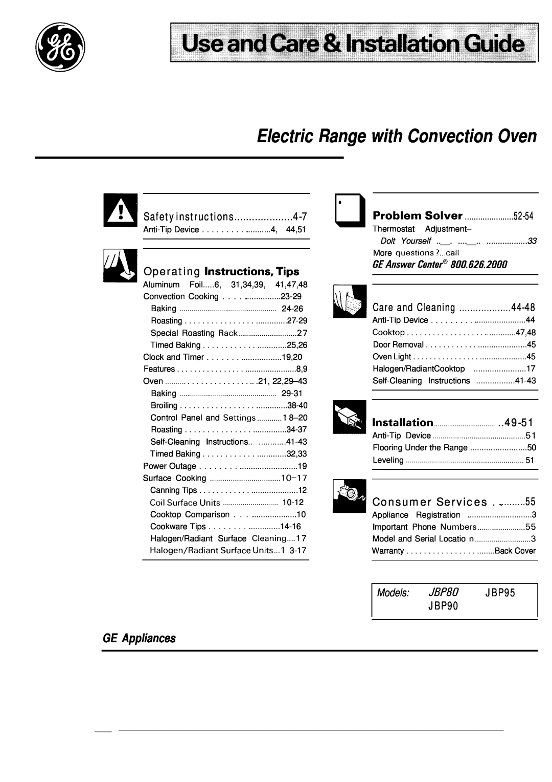 GE JBP80 warranty Electric Range with Convection Oven, GE Appliances, iiill, Iiiiila, Operating lnstructions,Tips, 52-54 