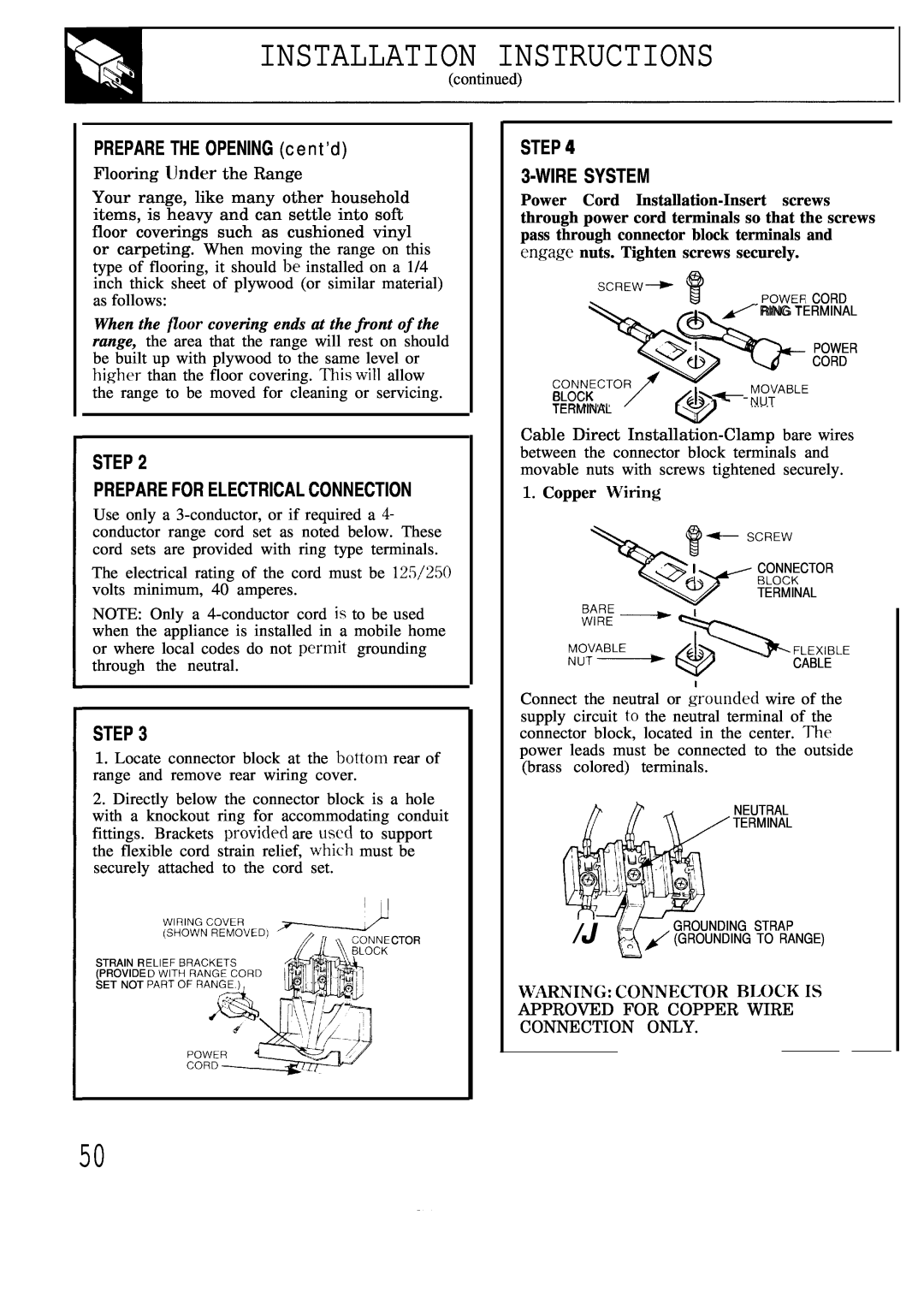 GE JBP80 Installation Instructions, PREPARE THE OPENING cent’d, Wire System, Step Prepare For Electrical Connection 