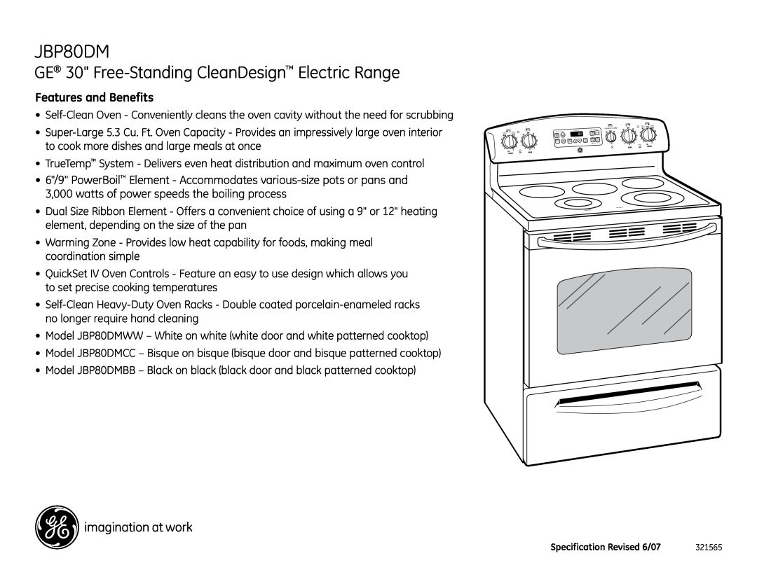 GE JBP80DMCC installation instructions GE 30 Free-Standing CleanDesign Electric Range, Features and Benefits 