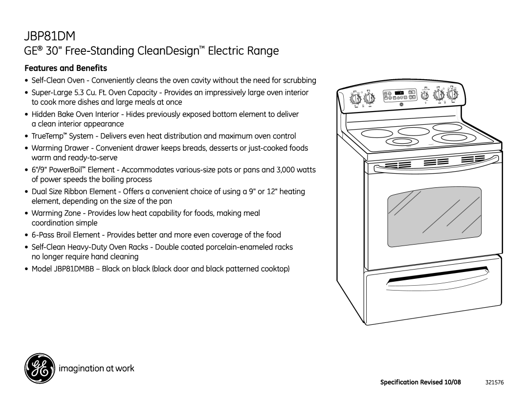 GE JBP81DM dimensions GE 30 Free-StandingCleanDesign Electric Range, Features and Benefits 