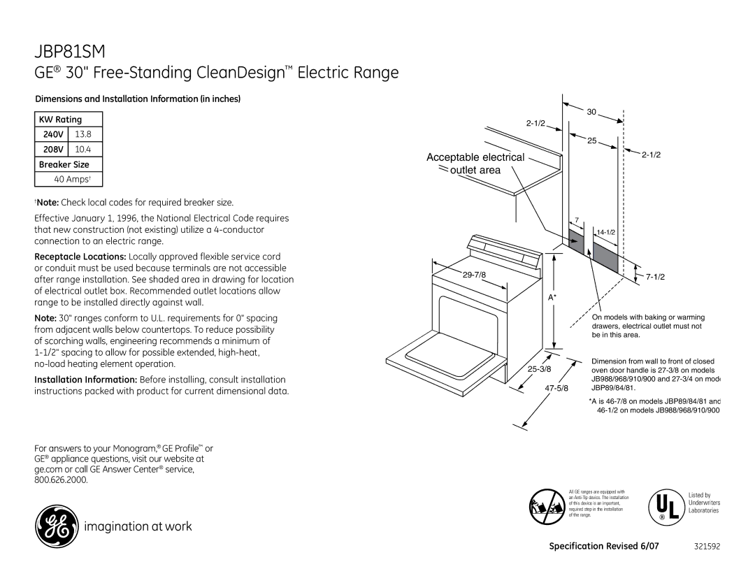 GE JBP81SMSS installation instructions GE 30 Free-Standing CleanDesign Electric Range, Acceptable electrical Outlet area 