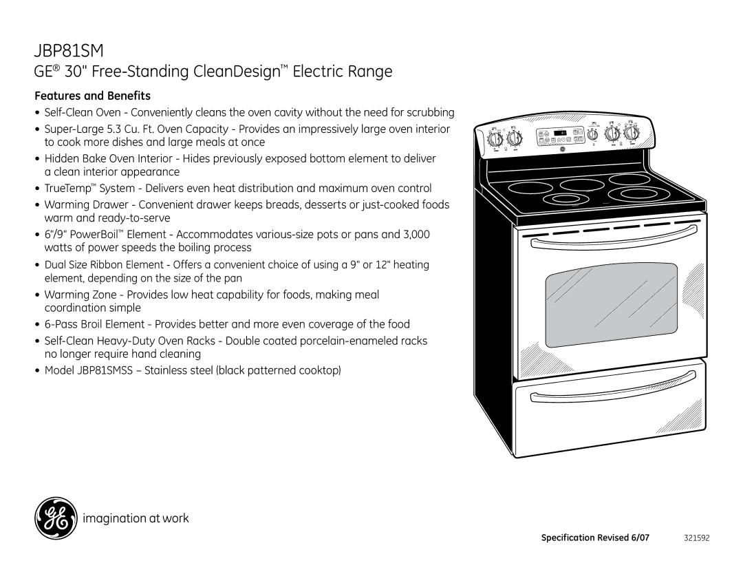 GE JBP81SMSS installation instructions GE 30 Free-Standing CleanDesign Electric Range, Features and Benefits 