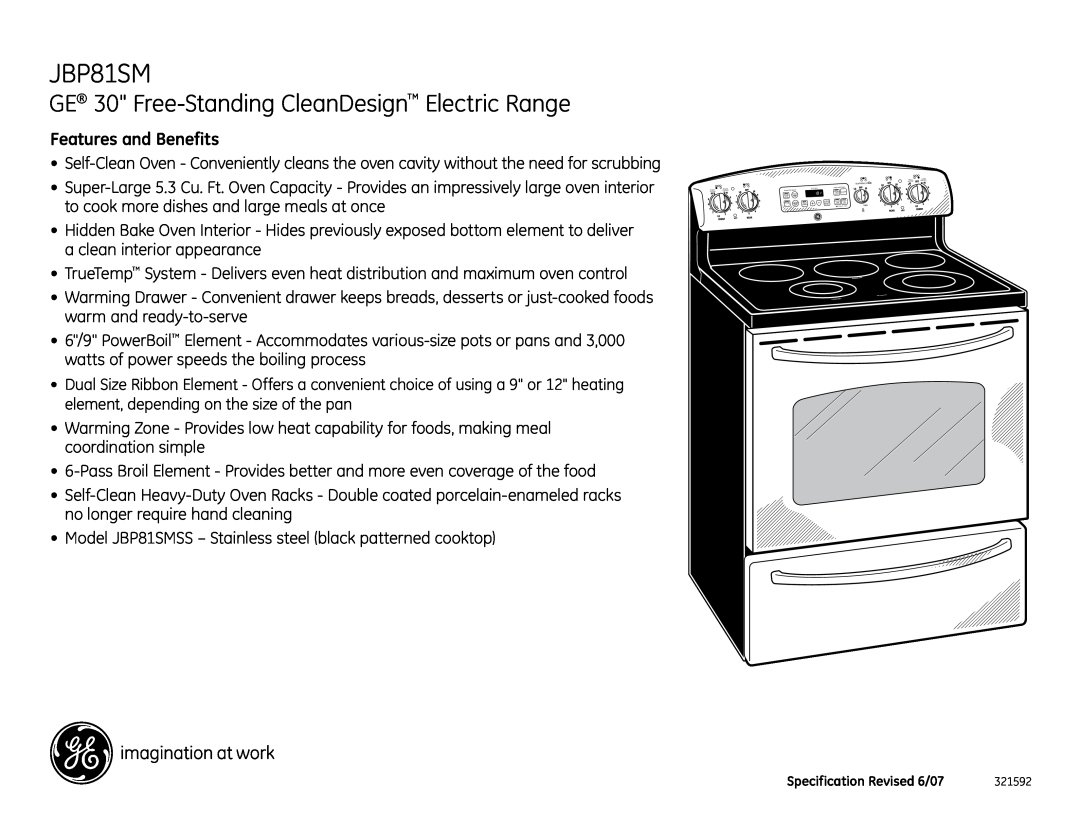 GE JBP81SMSS installation instructions GE 30 Free-StandingCleanDesign Electric Range, Features and Benefits 