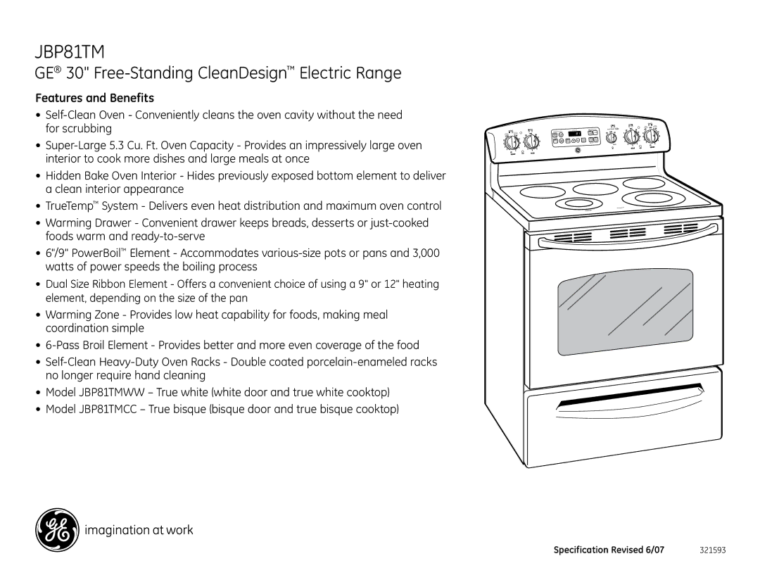 GE JBP81TM installation instructions GE 30 Free-Standing CleanDesign Electric Range, Features and Benefits 