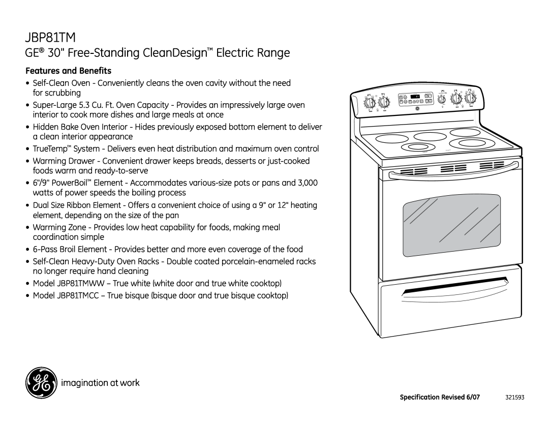 GE JBP81TM installation instructions GE 30 Free-StandingCleanDesign Electric Range, Features and Benefits 