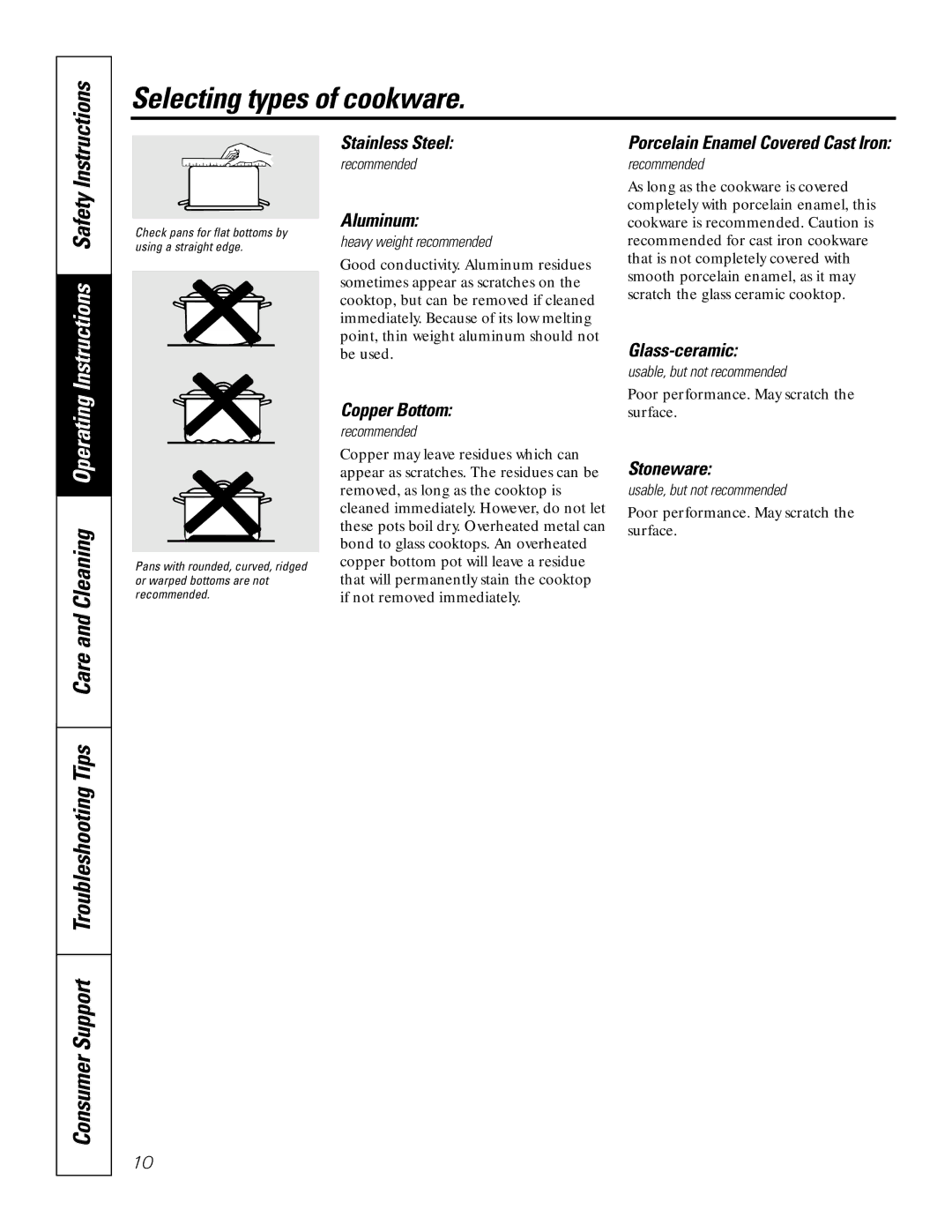 GE JBP82, JBP83 owner manual Selecting types of cookware, Instructions 