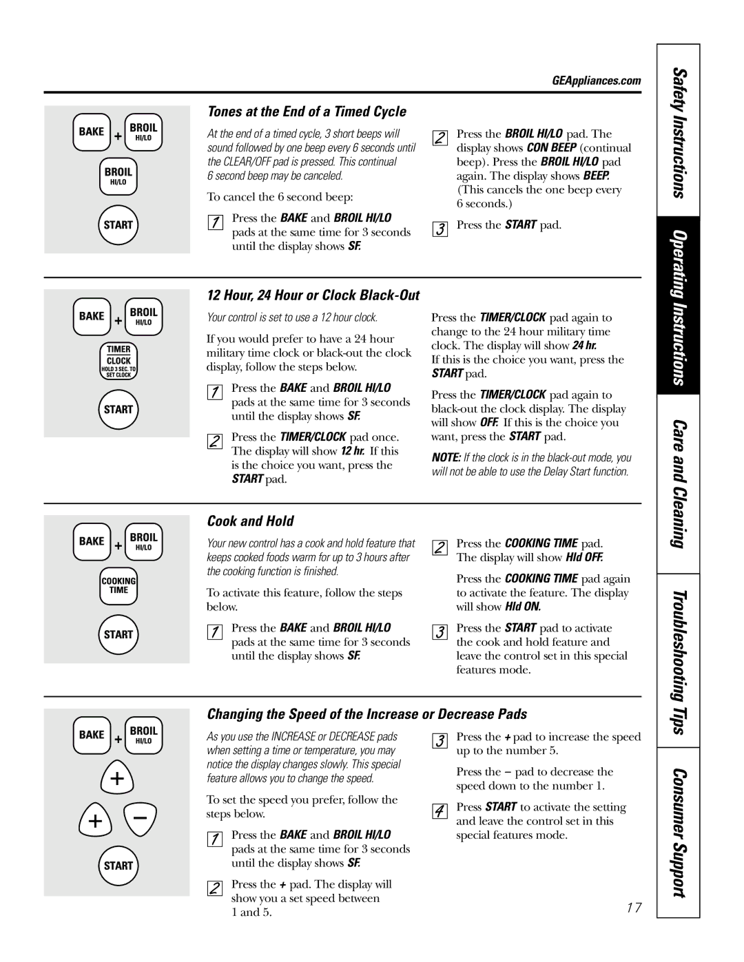 GE JBP83, JBP82 owner manual Instructions Care, Instructions Operating, Cleaning Troubleshooting, Cook and Hold 