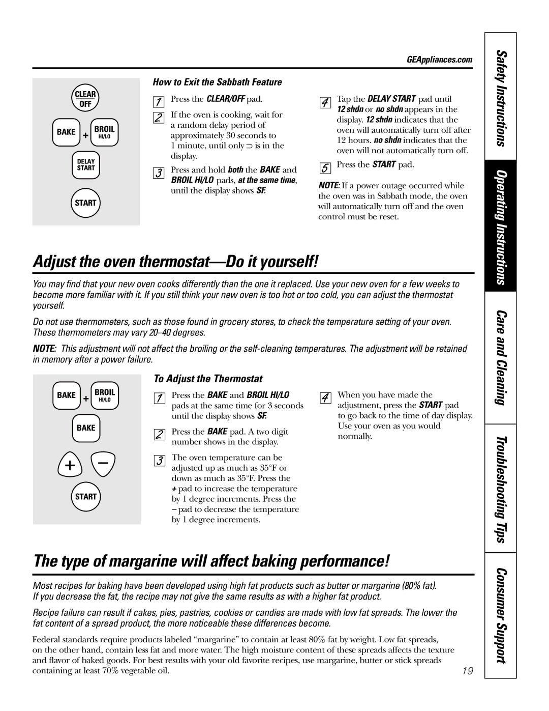 GE JBP83, JBP82 Adjust the oven thermostat-Do it yourself, Type of margarine will affect baking performance, Care 