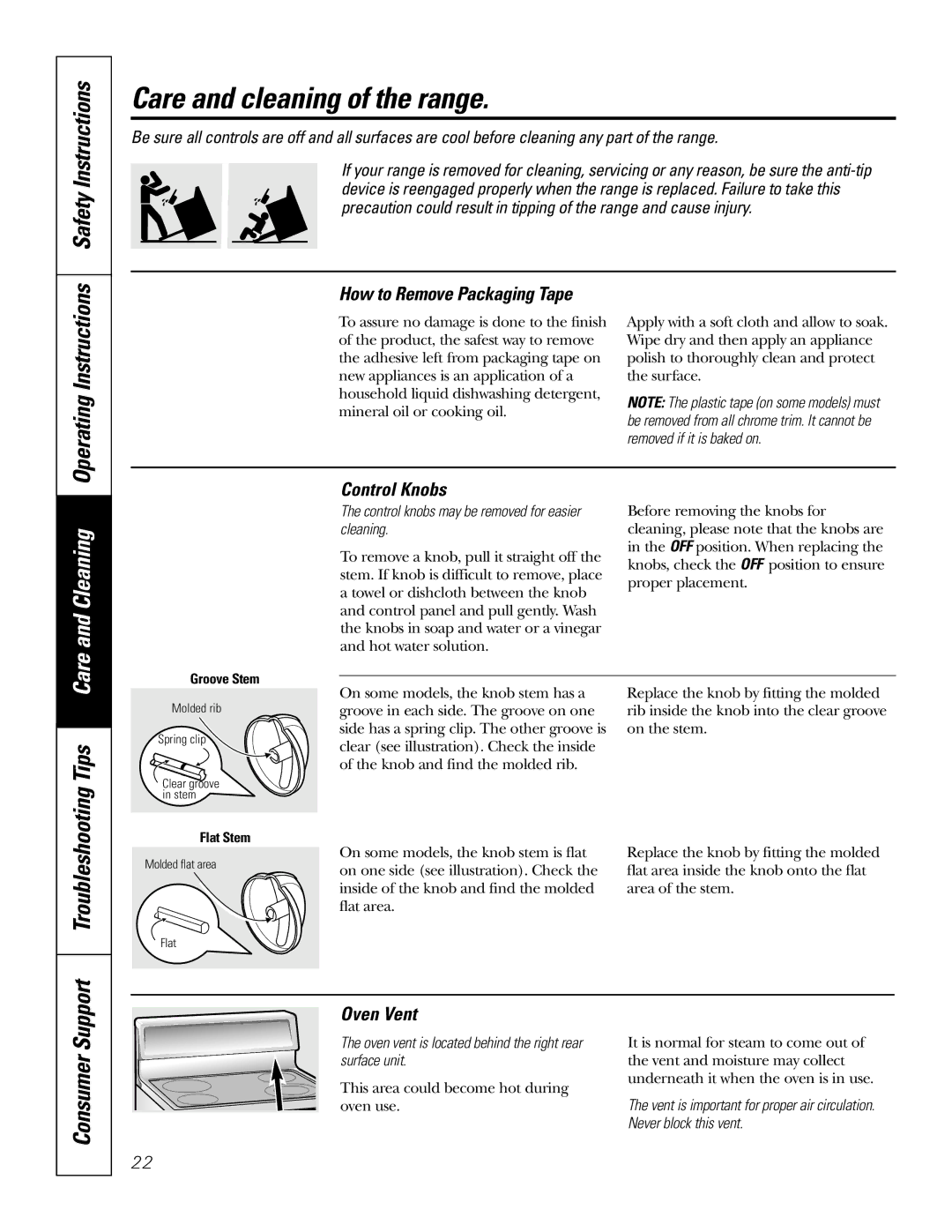 GE JBP82, JBP83 owner manual Care and cleaning of the range, Care and Cleaning, Troubleshooting Tips 