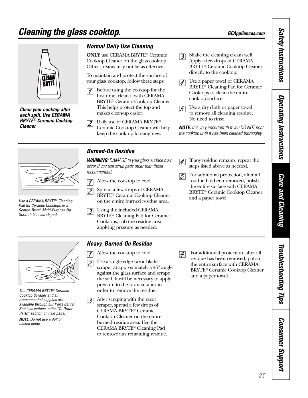 GE JBP83 Cleaning the glass cooktop, Normal Daily Use Cleaning, Instructions Operating Instructions, Burned-On Residue 