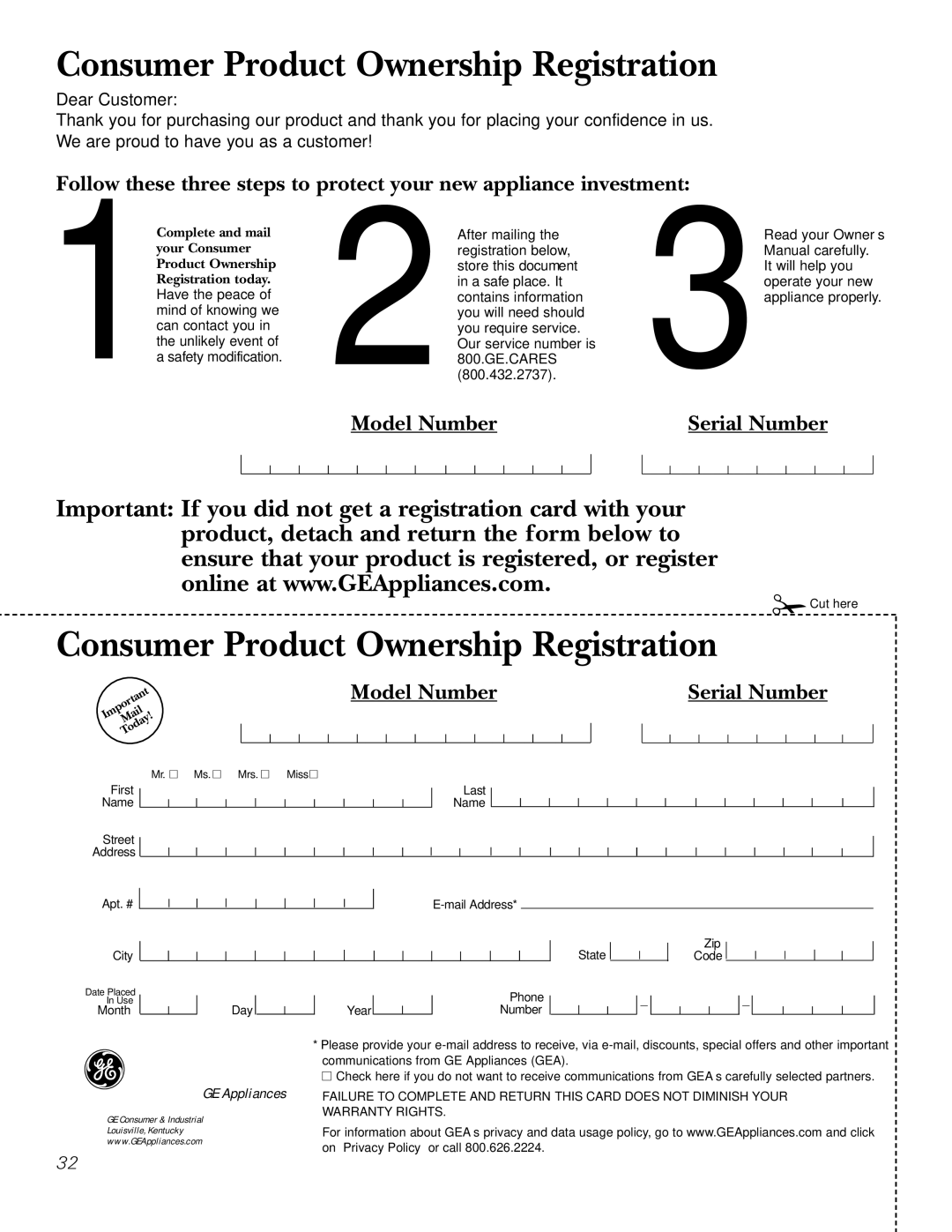 GE JBP82, JBP83 owner manual Consumer Product Ownership Registration 