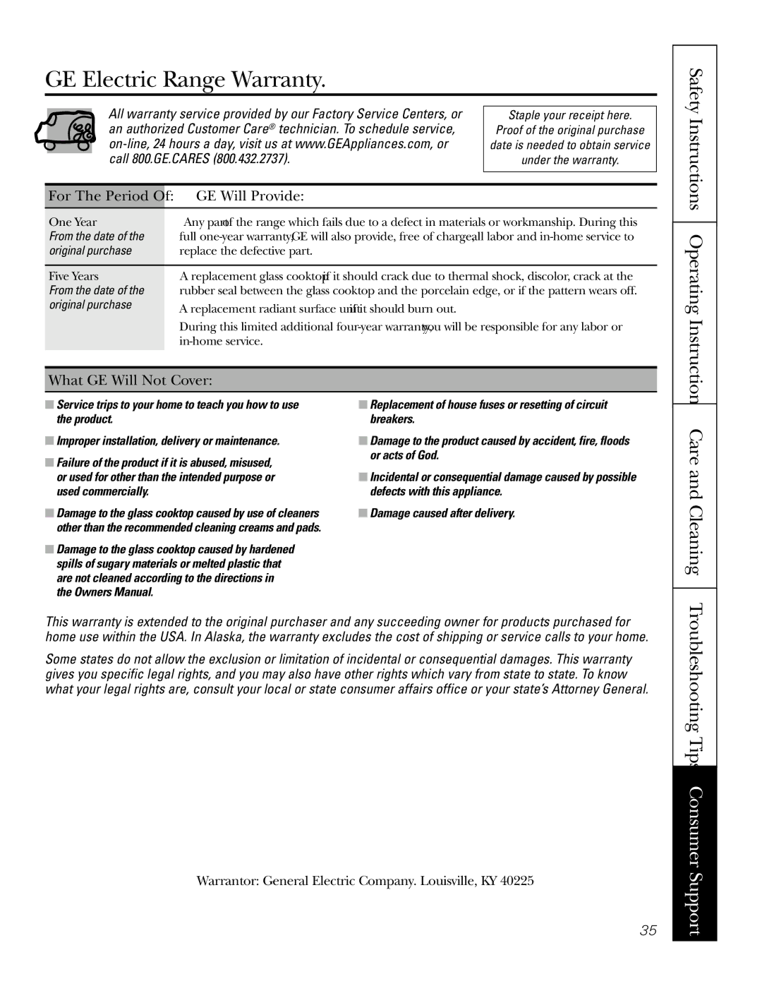 GE JBP83 GE Electric Range Warranty, Safety Instructions Operating Instructions, GE Will Provide, What GE Will Not Cover 