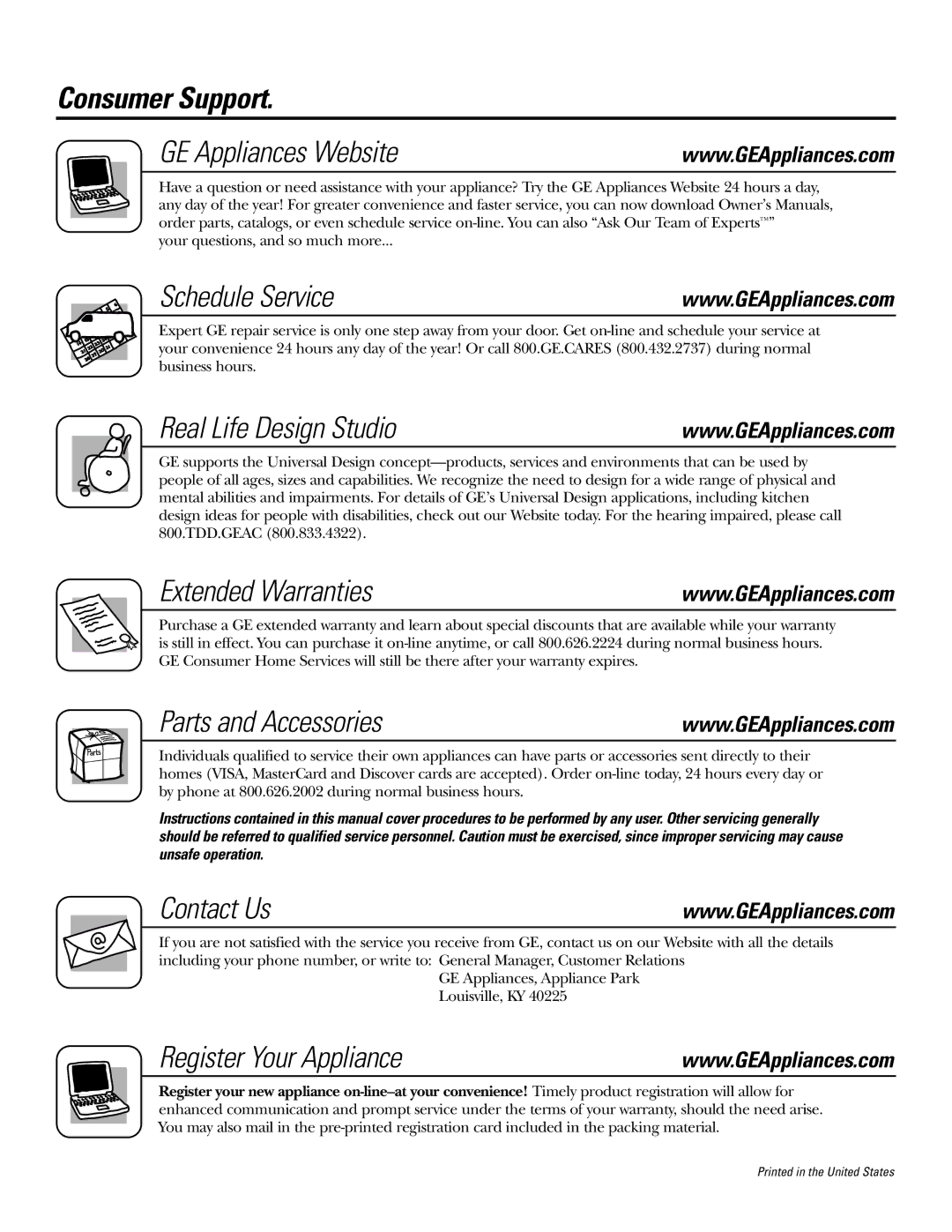 GE JBP82, JBP83 Consumer Support GE Appliances Website, Schedule Service, Real Life Design Studio, Extended Warranties 