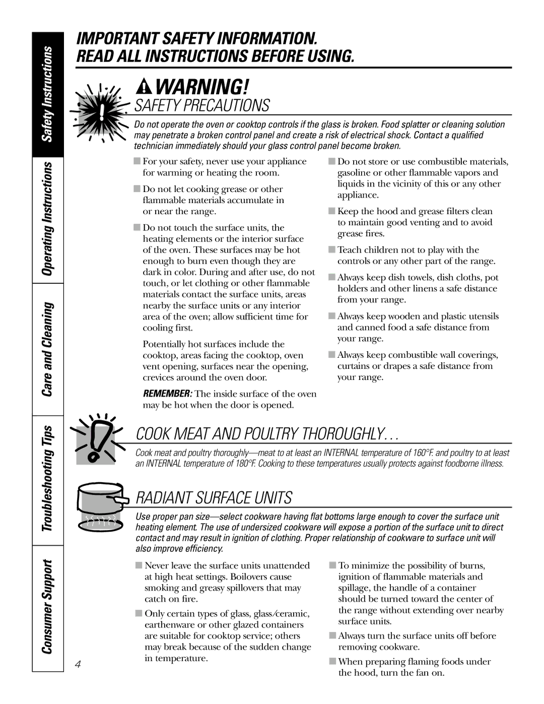 GE JBP82, JBP83 owner manual Safety Instructions, Consumer Support 