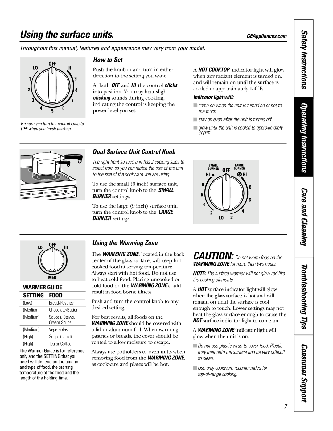 GE JBP83, JBP82 owner manual Using the surface units, Safety, Instructions Operating, Instructions Care and Cleaning 