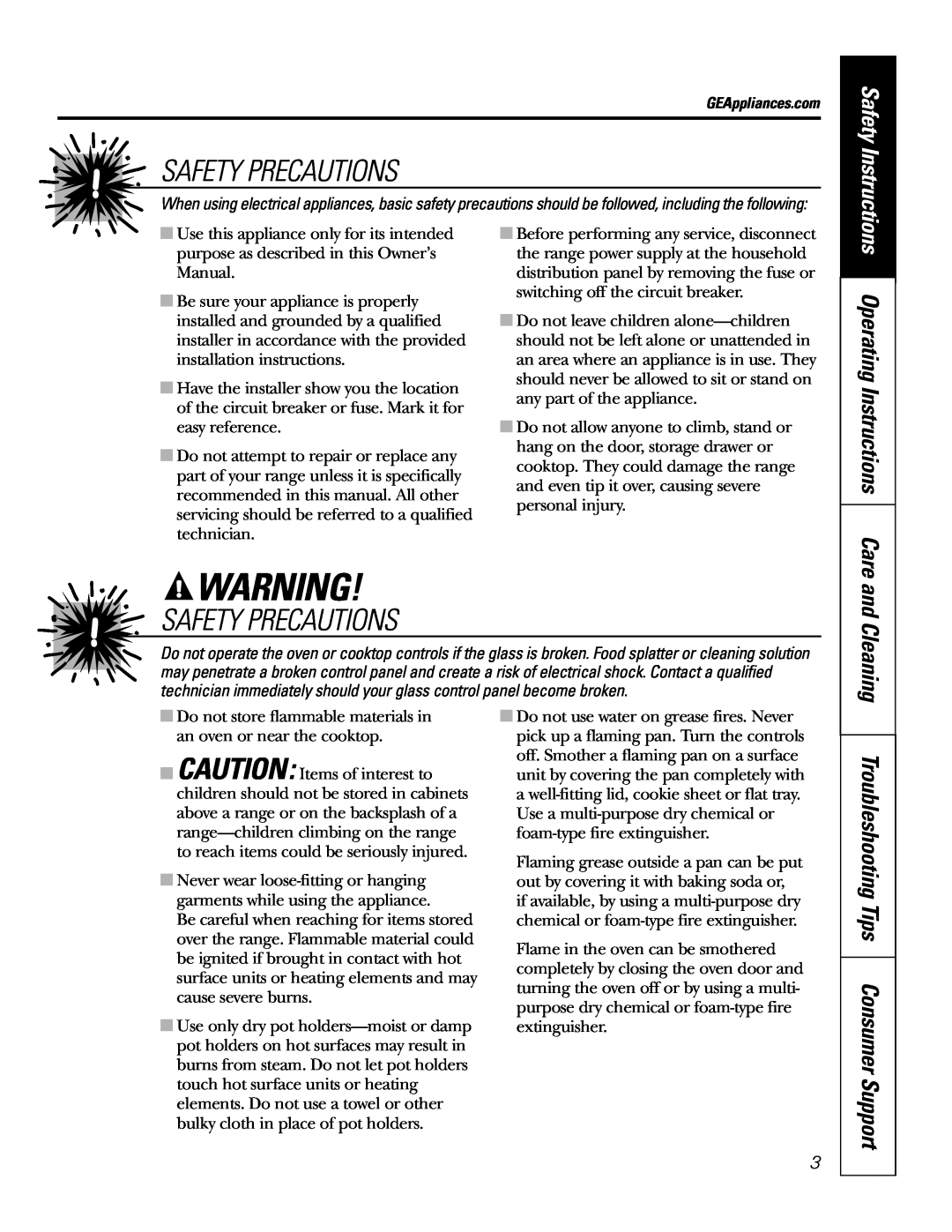 GE JBP83, JBP82 owner manual Safety Precautions, Troubleshooting Tips Consumer Support 