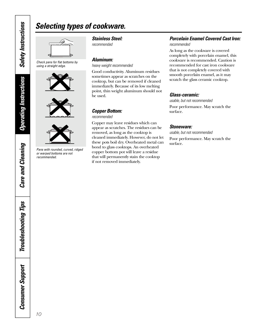 GE JBP82 owner manual Selecting types of cookware, Instructions 