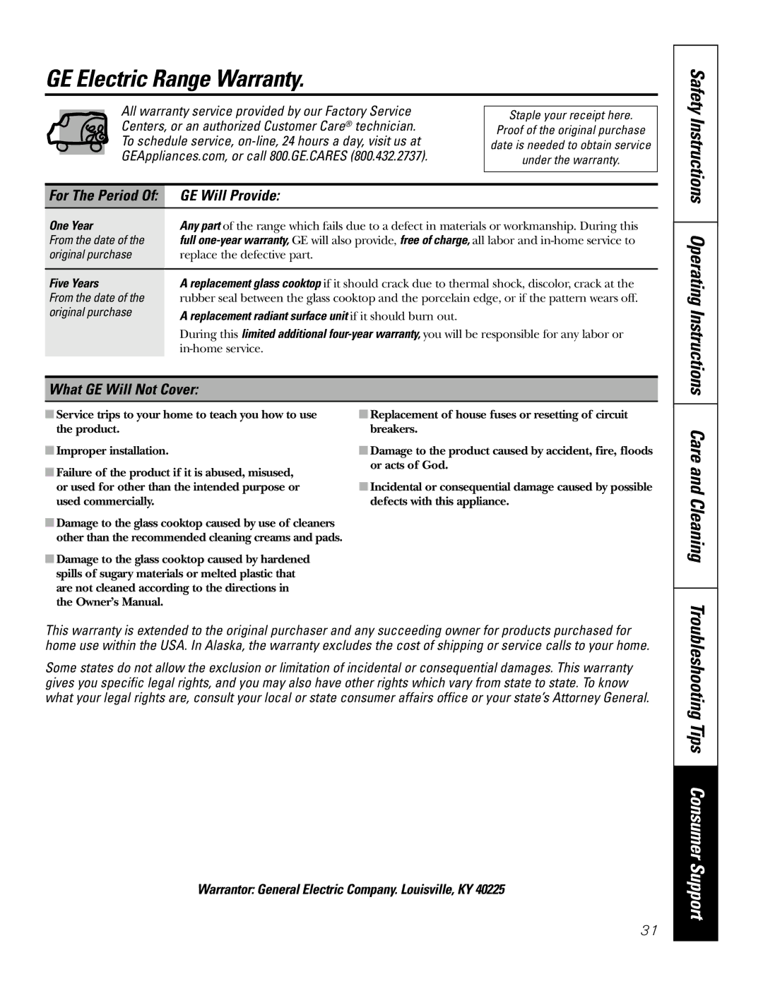 GE JBP82 GE Electric Range Warranty, Safety Instructions Operating Instructions, GE Will Provide, What GE Will Not Cover 