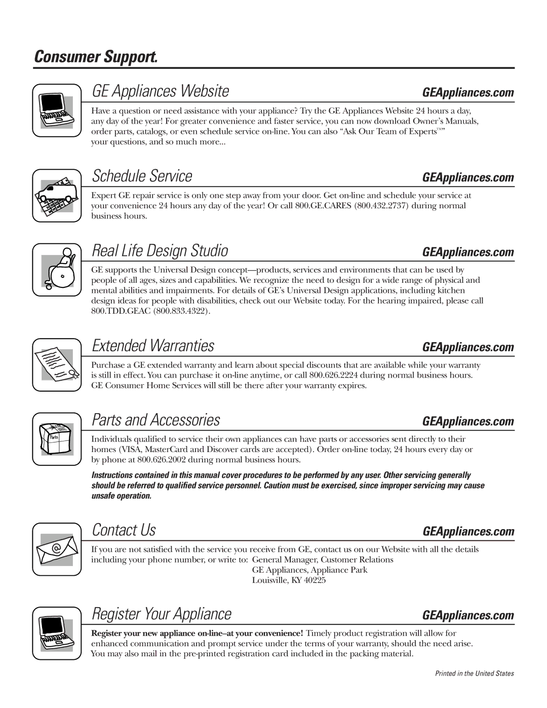 GE JBP82 Consumer Support GE Appliances Website, Schedule Service, Real Life Design Studio, Extended Warranties 